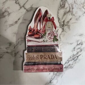 Prada, LV, Gucci Fashion Books with Heels and Perfume Bottle Decor